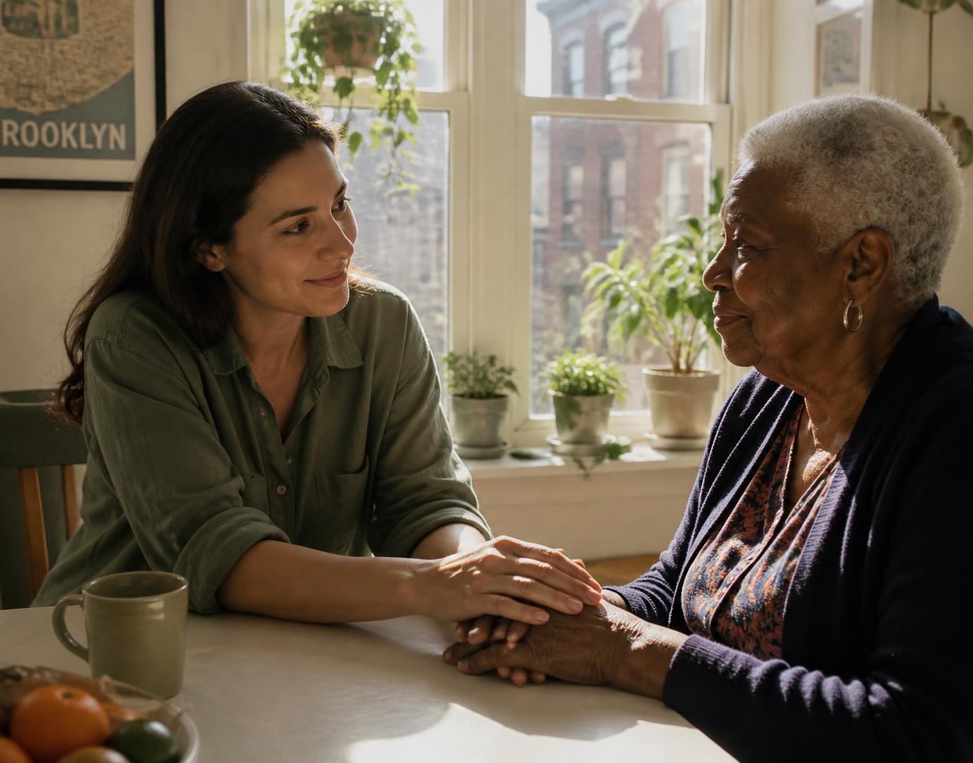 A caregiver resting her hands gently over an older woman's hands at a sunlit kitchen table